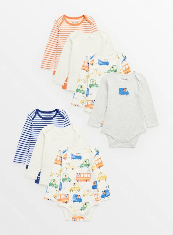 Bright Stripe & Car Print Long Sleeve Bodysuits 7 Pack Up to 3 mths